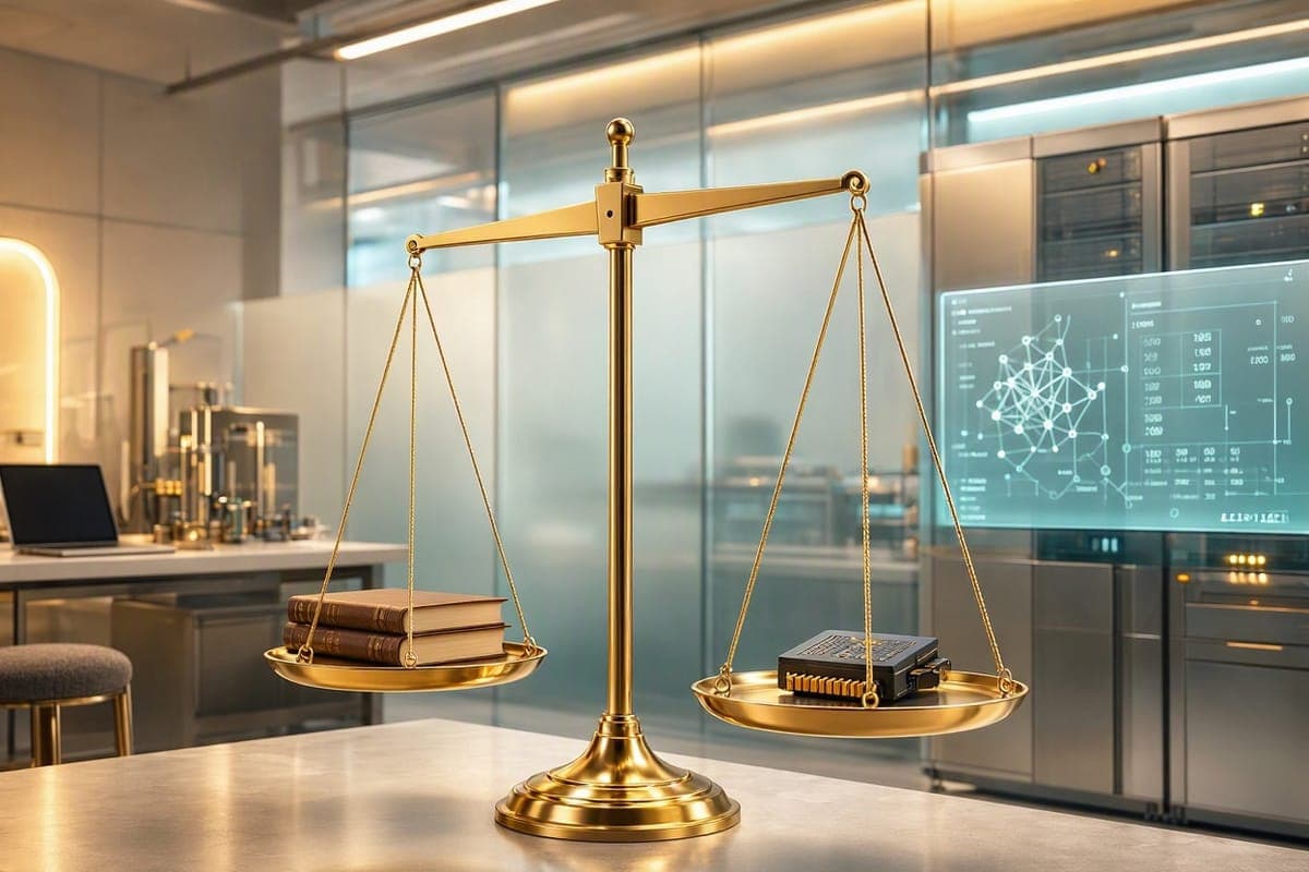 Golden scales weighing law books against a computer chip in a bright laboratory