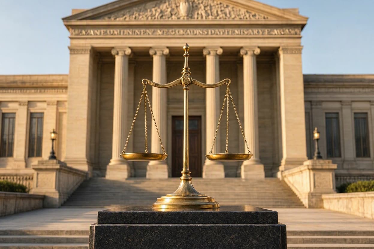 Golden scales of justice on a granite plinth in front of a columned courthouse