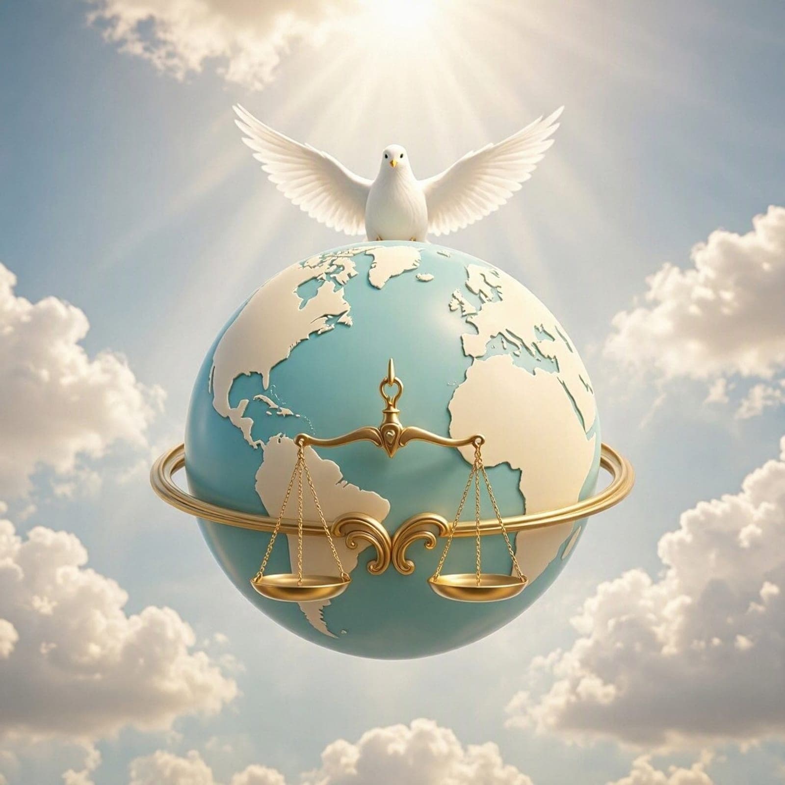 A globe encircled by golden scales, with a white dove above it, in a bright sky